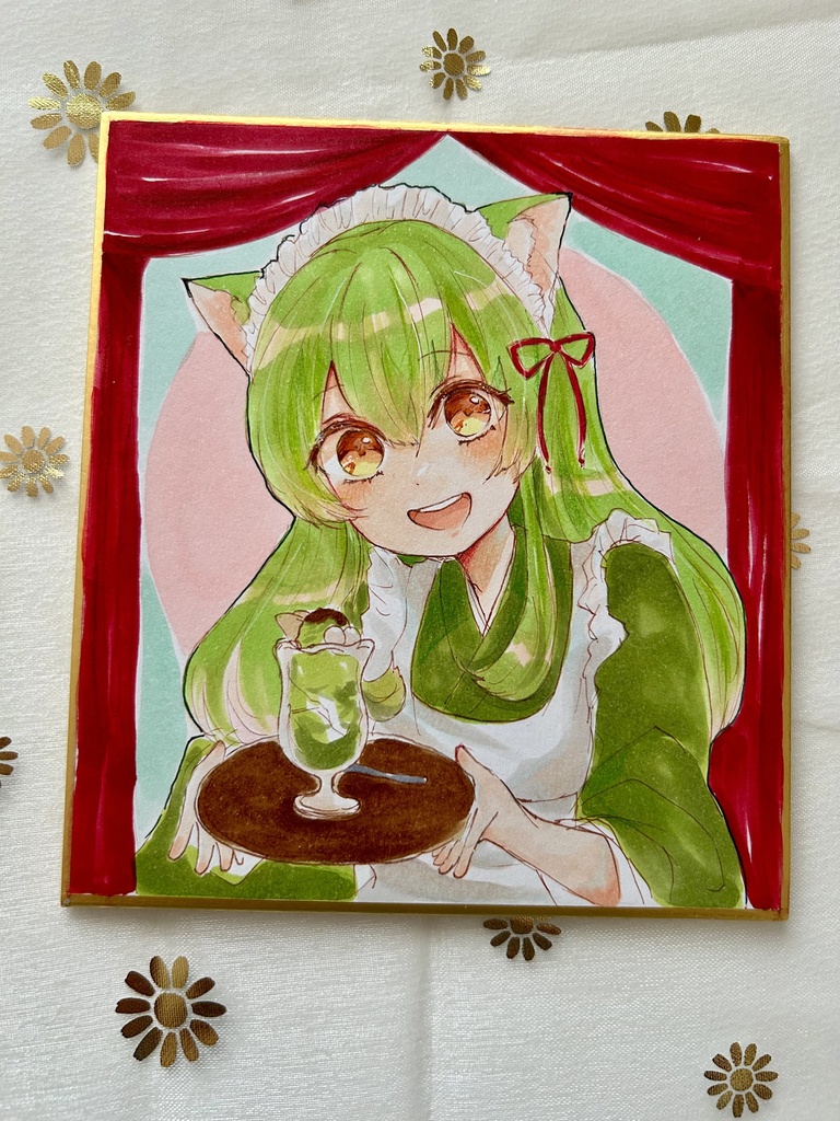 オリジナル手描きイラスト 小色紙 原画 ねこみみ和メイド