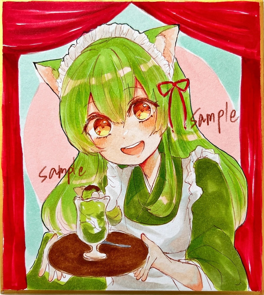 オリジナル手描きイラスト　小色紙　原画　ねこみみ和メイド