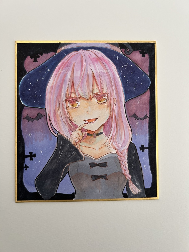 オリジナル手描きイラスト原画 小色紙 魔女 ハロウィンのお楽しみ