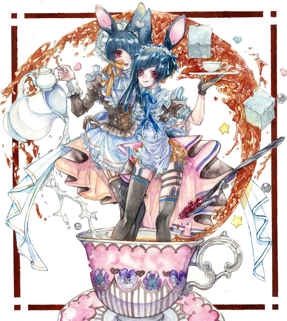 透明水彩原画「Rabbits*tea」