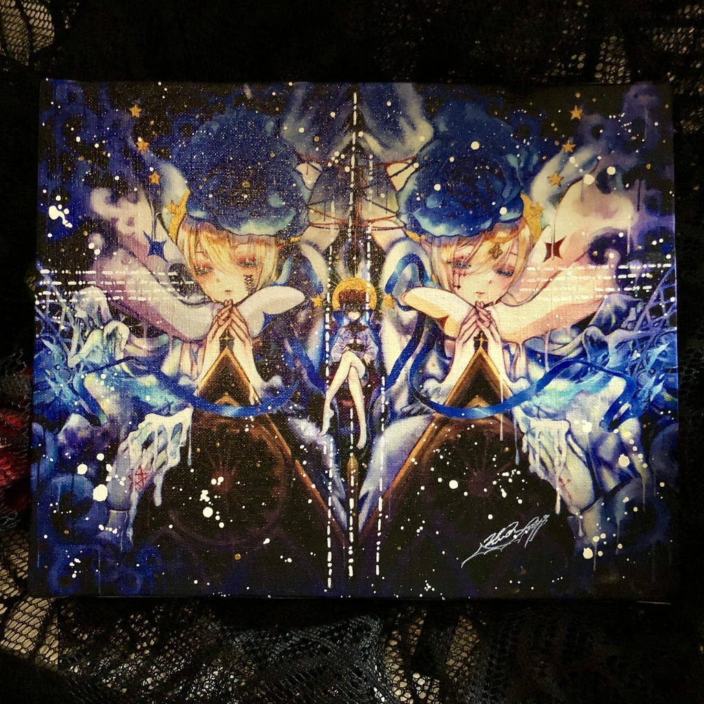 キャンバスプリント＋アクリル加筆｢鏡面の翼｣