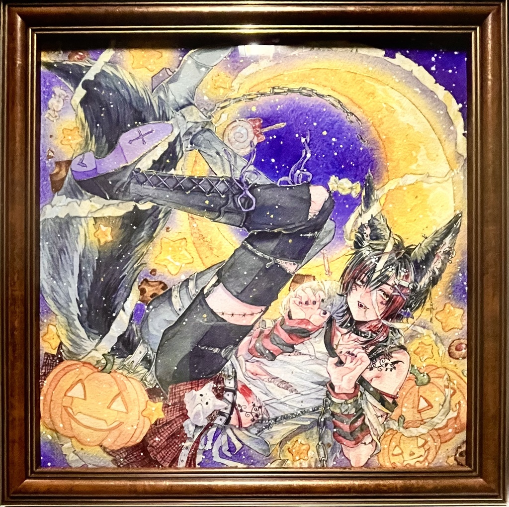 【額装透明水彩原画】お菓子と悪戯どっちがいい？