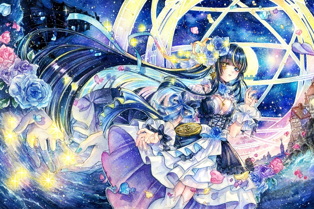 【額装透明水彩原画】星空舞い散る