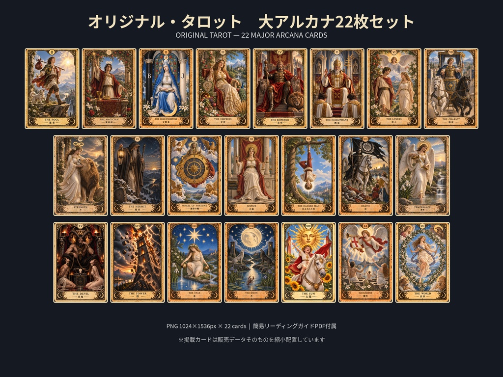 オリジナル・タロット 大アルカナ22枚セット|高解像度PNG+解説PDF