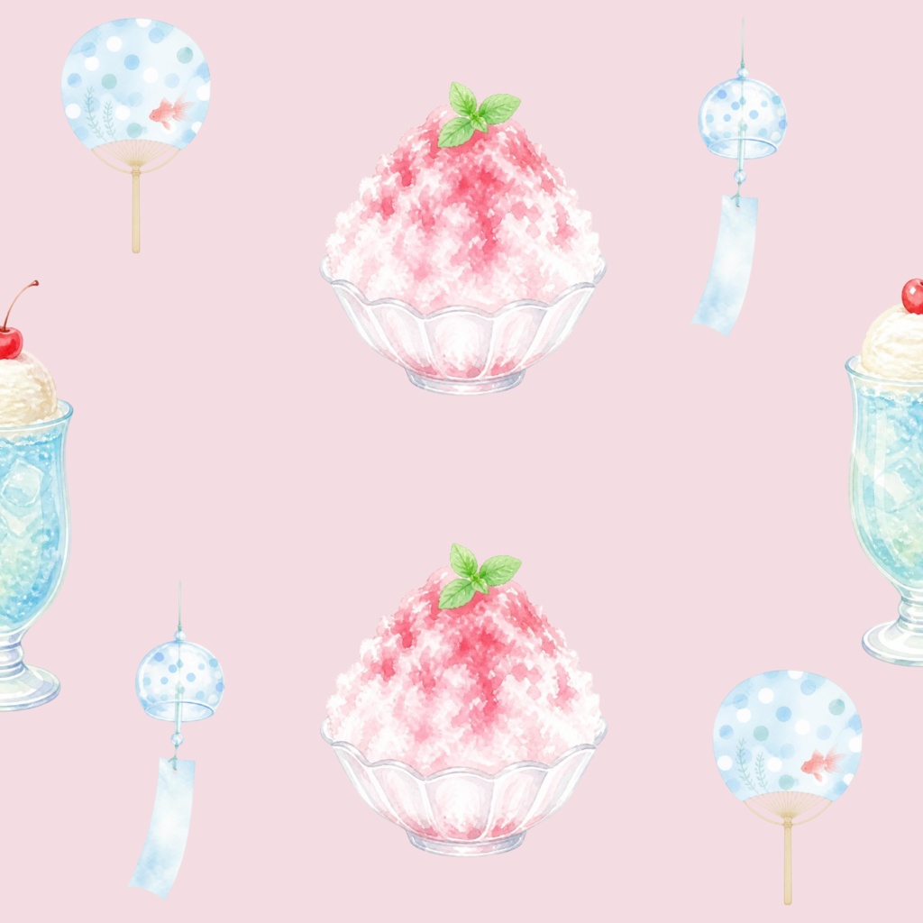 レトロかわいい夏祭りシームレスパターン（ピンク）