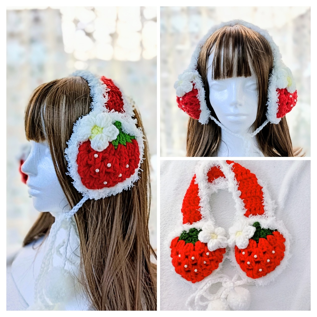 いちごのイヤーマフ　赤 白ファー