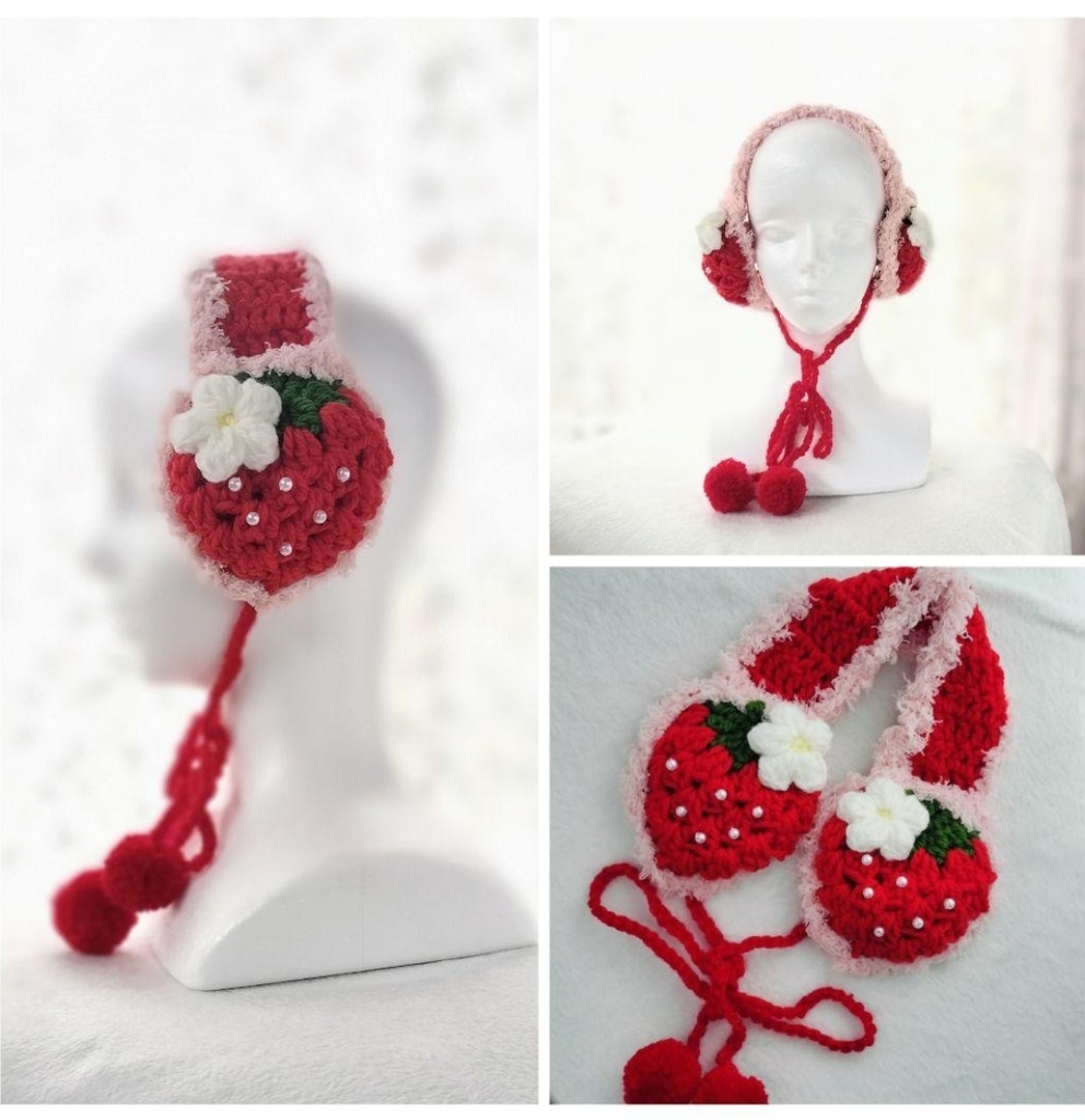 いちごのイヤーマフ 赤✕ピンクファー 耳当て