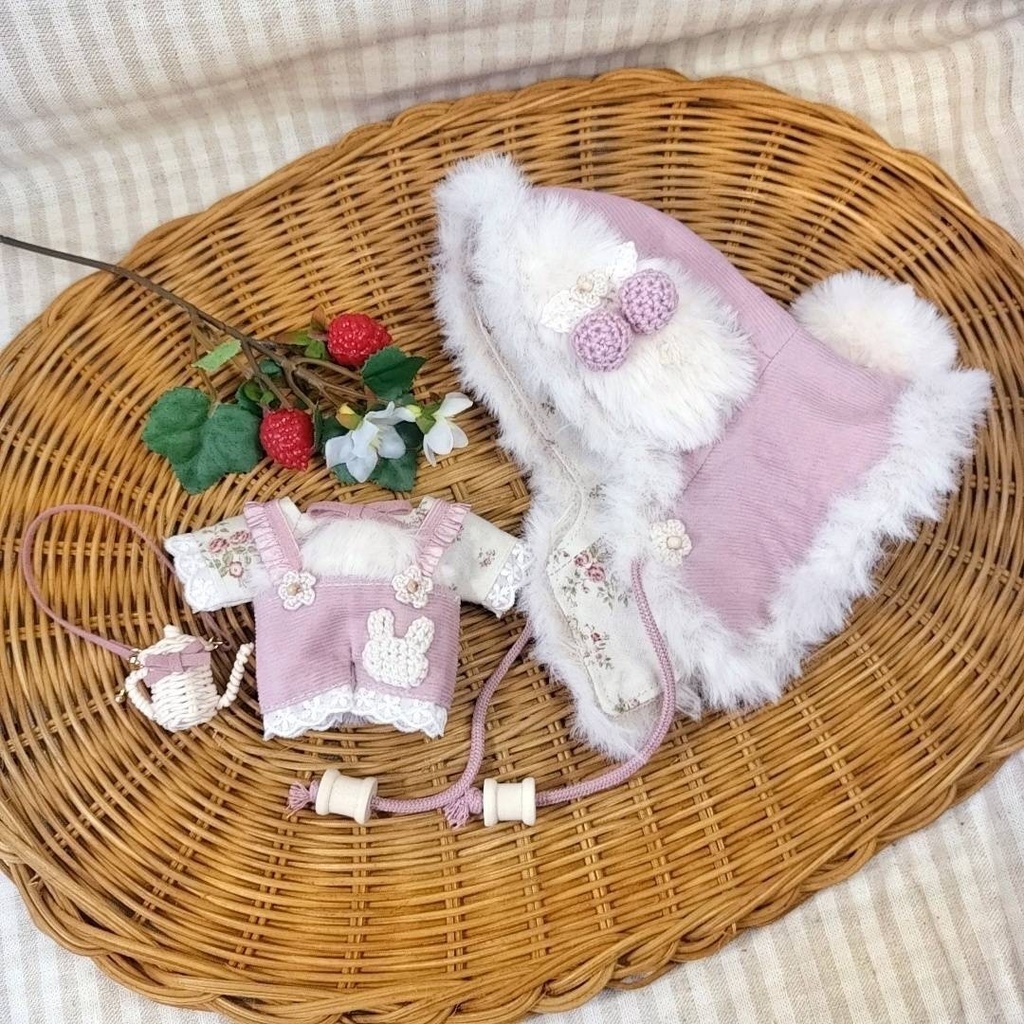【再再販】12cm໒꒱·̩͙冬のおでかけセット🐰カントリーたれ耳うさちゃん♡くすみピンク｡:°ஐ..♡*