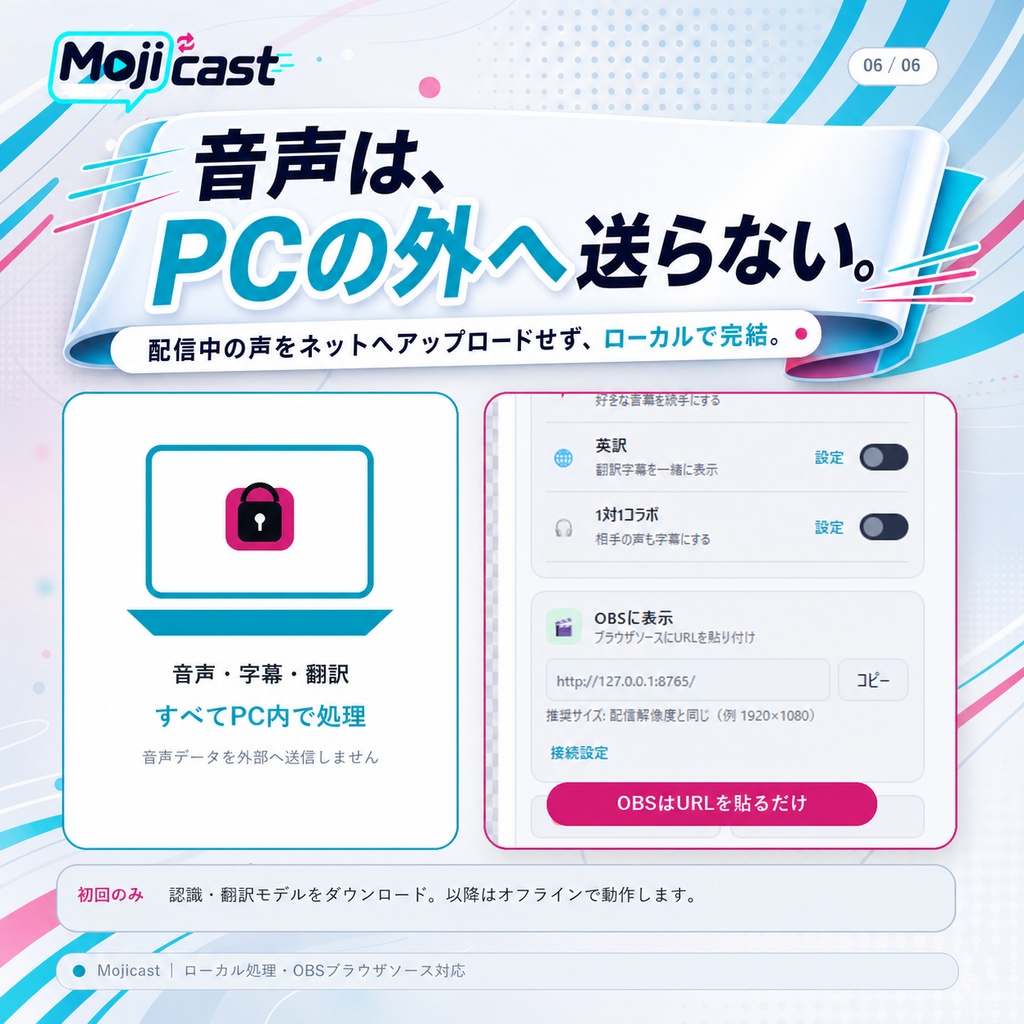 【無料】Mojicast(モジキャスト)|完全オフラインの配信字幕アプリ − 日本語音声認識・翻訳・OBS連携