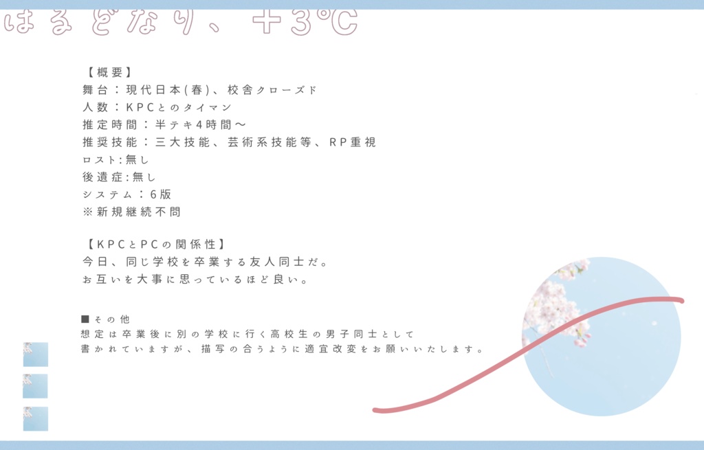 【CoC無料シナリオ】「はるどなり、+3℃」