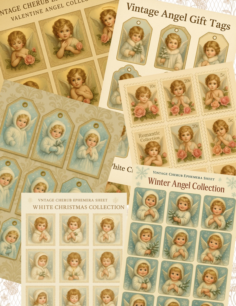 【無料配布】ヴィンテージエンジェル素材セット|エフェメラ・切手・タグ・ジャンクジャーナルに最適(商用利用可)