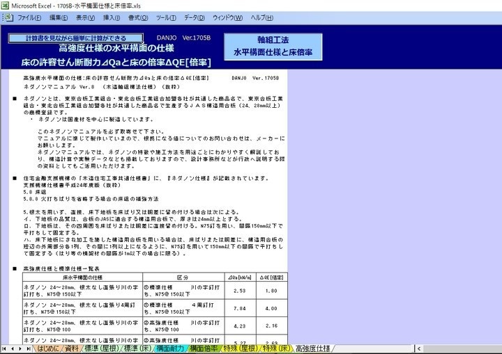 軸組工法水平構面仕様と床倍率