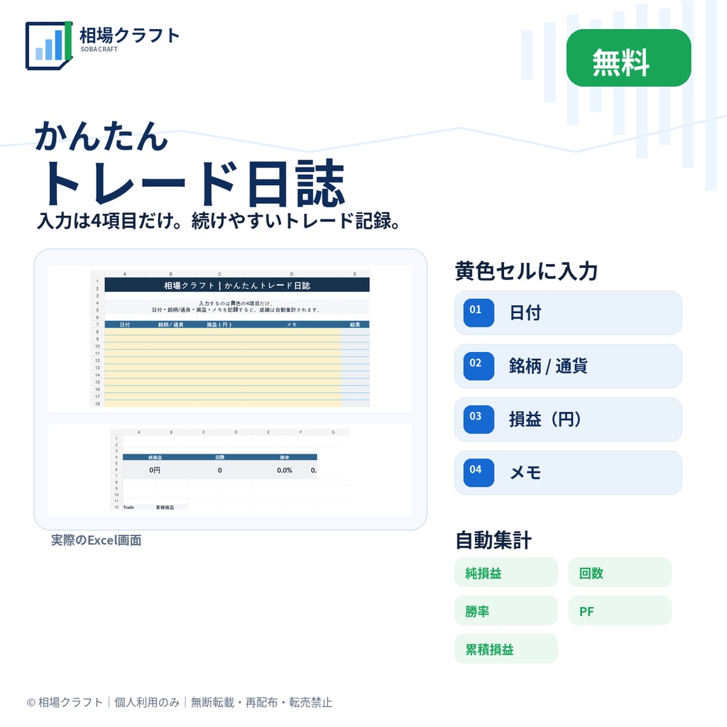 【無料】FX・株 トレード日誌 Excel｜損益・勝率・PFを自動集計