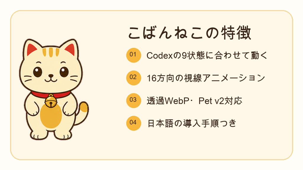 【非公式 Codex Pet v2】こばんねこ|9アニメ・16方向視線対応