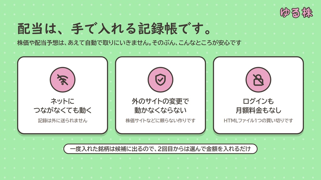ゆる株の配当きろく帳【Windowsパソコン用】受け取った配当を記録して眺める|高配当株・S株・新NISA・米国株の配当をまとめて記録/HTMLファイル1つ、ブラウザで開くだけ