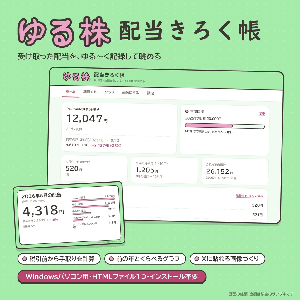 ゆる株の配当きろく帳【Windowsパソコン用】受け取った配当を記録して眺める|高配当株・S株・新NISA・米国株の配当をまとめて記録/HTMLファイル1つ、ブラウザで開くだけ