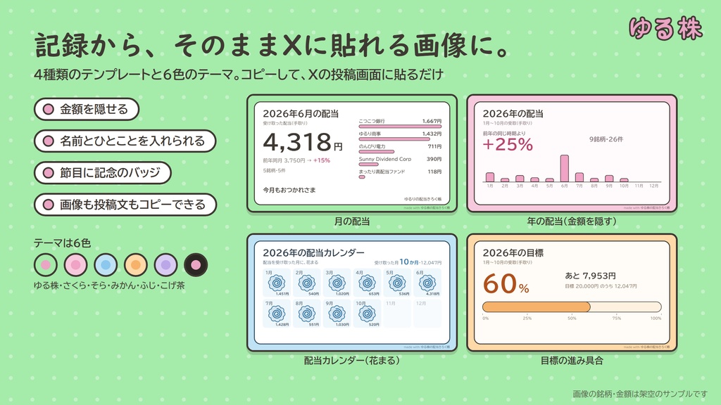 ゆる株の配当きろく帳【Windowsパソコン用】受け取った配当を記録して眺める|高配当株・S株・新NISA・米国株の配当をまとめて記録/HTMLファイル1つ、ブラウザで開くだけ