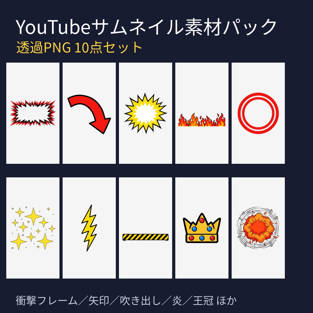 【サムネ作り時短】YouTubeサムネイル素材パック|透過PNG10点セット(衝撃フレーム・矢印・吹き出し・王冠ほか)