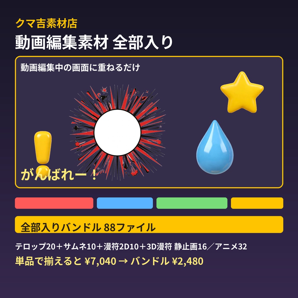 動画編集素材88ファイル｜テロップ透過PNG20点＋サムネイル10点＋漫符2D/3D静止画26点＋動く3D漫符GIF/MOV32点｜ゲーム実況・YouTube編集