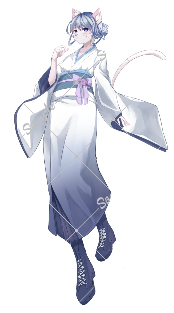 TRPG立ち絵素材_和装のネコ獣人の女性【表情差分11種】【無料版あり】