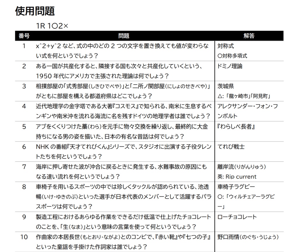 クイズバースアール スアール短文基本カップ問題集 第4回