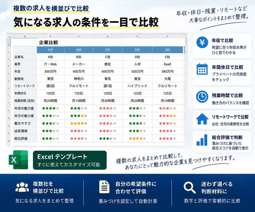 求人比較AIシート|求人票を貼って「自分に合うか」まで整理する転職Excel