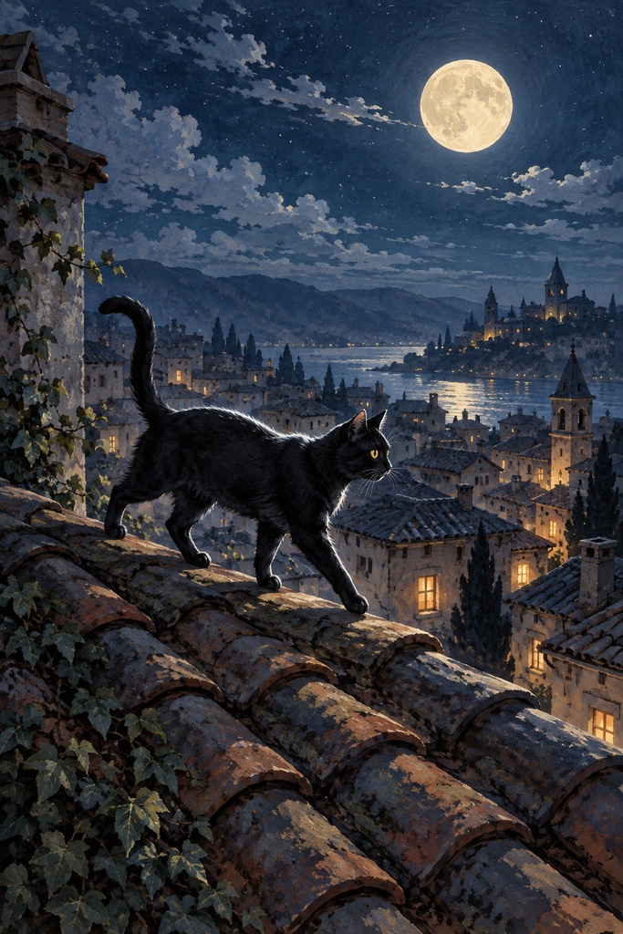 月夜の散歩｜黒猫のAIイラスト・PNG1枚