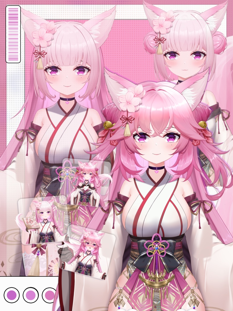 【VTuber Live2Dモデル】【Vts】【VTuber向け】【🌸ピンクの毛と着物姿の小狐😾】「動的背景 UI」（どうてき はいけい ユーアイ）セクシーでキュート、动作豊富、ボタン多数！ 🌸ワンクリックでQバージョンに切り替え可能です。 Live2D