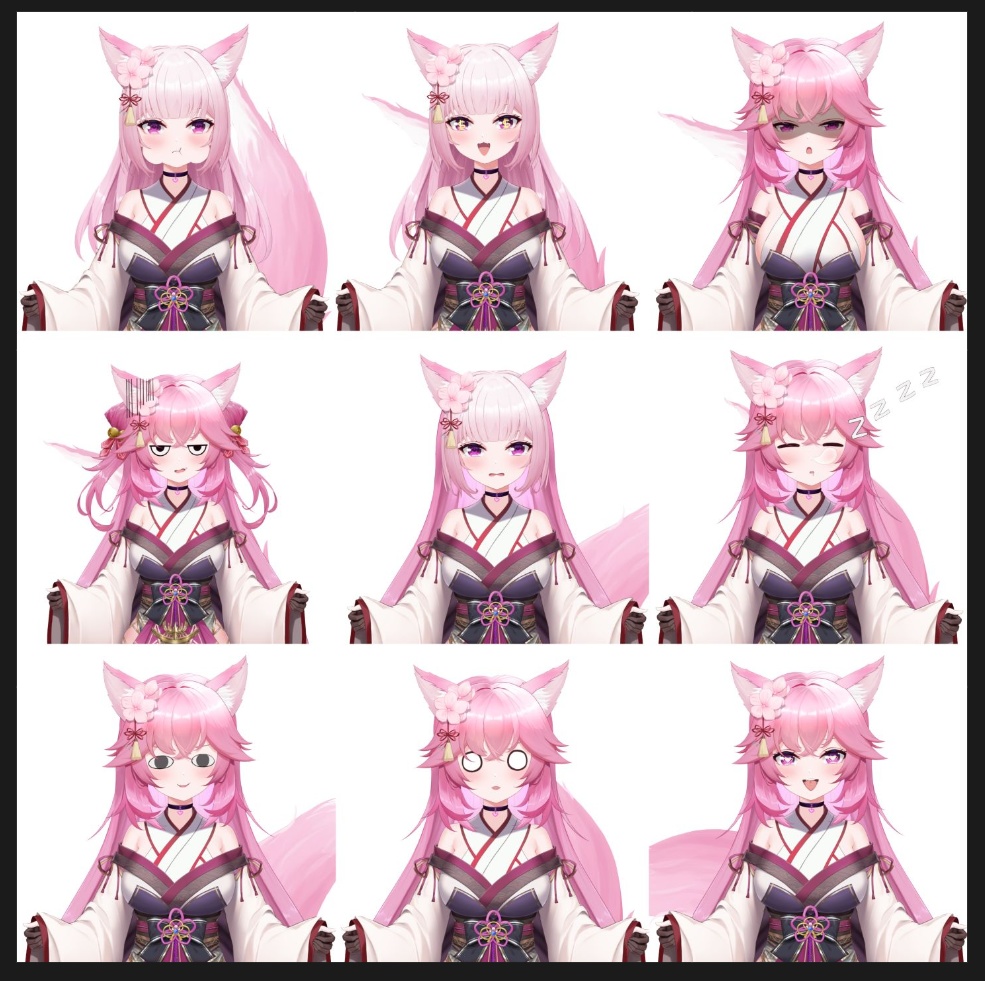 【VTuber Live2Dモデル】【Vts】【VTuber向け】【🌸ピンクの毛と着物姿の小狐😾】「動的背景 UI」(どうてき はいけい ユーアイ)セクシーでキュート、动作豊富、ボタン多数! 🌸ワンクリックでQバージョンに切り替え可能です。 Live2D