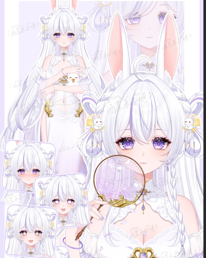 【Vts】【VTuber向け】【Live2D量販モデル】🐰しとやかでちょっぴりいたずら好きな古風月うさぎ「白芷（びゃくし）」登場！💮 💮30以上のボタン、ヘアスタイル無限コンビ、VB＆飛び首対応、ワンクリックでQ版に早変わり！ 💮背景UI＆アイコン＆スタンプ付きで、そのままデビュー決定！！