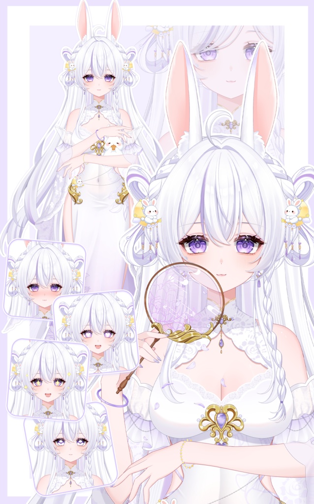 【Vts】【VTuber向け】【Live2D量販モデル】🐰しとやかでちょっぴりいたずら好きな古風月うさぎ「白芷(びゃくし)」登場!💮 💮30以上のボタン、ヘアスタイル無限コンビ、VB&飛び首対応、ワンクリックでQ版に早変わり! 💮背景UI&アイコン&スタンプ付きで、そのままデビュー決定!!
