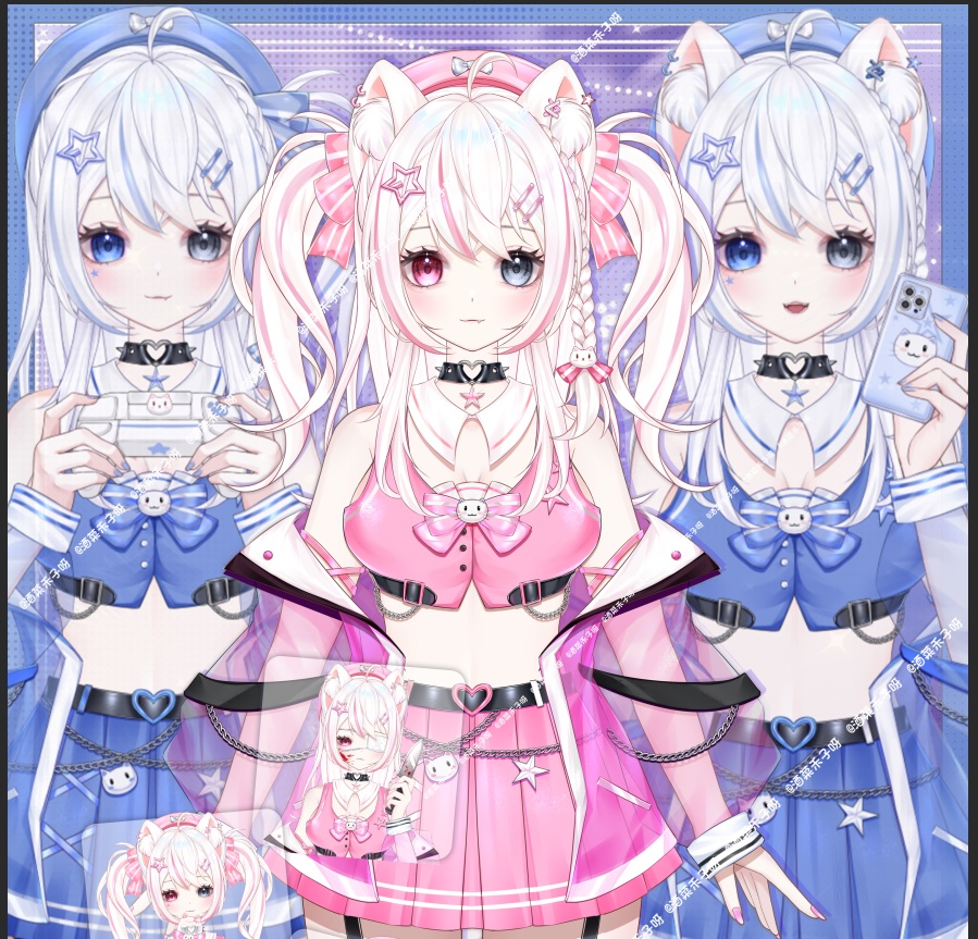【Vts】【VTuber向け】【Live2D量販モデル】🌟アイドル練習生・異色瞳の猫っこ「小星星」登場！🌟 🌸30以上の切り替えボタン、 🌸アウター脱着機能、 🌸VB・飛び首・ワンクリックでちび化！ 🌸専用背景UI・ 🌸アイコン・ 🌸スタンプ付きで、 🌸押すだけでデビュー決定！！
