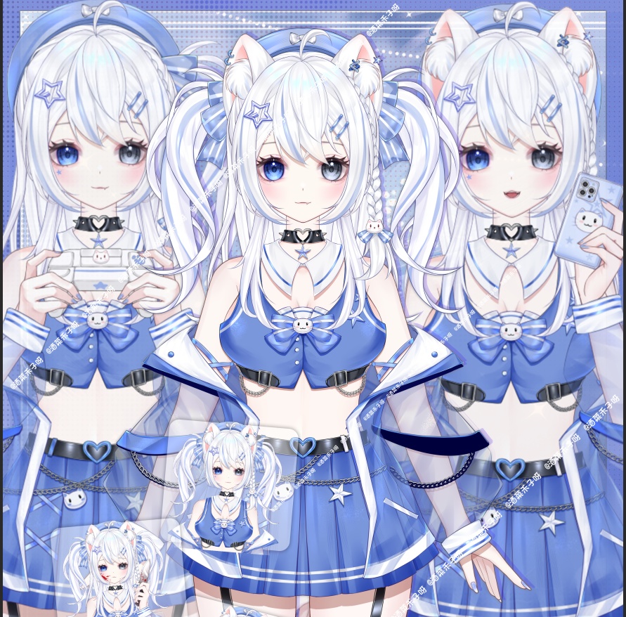 【Live2D量販モデル】🌟練習生・異色瞳キャットちゃん「小星星」——ブルーVer.!🌟30以上のトグル付き! 🌟ジャケット脱着可能、 🌟Vブレンド、 🌟フライングヘッド、 🌟ワンクリックでちびキャラ化! 🌟専用背景UI&アイコン&スタンプ付きで、 🌟今日から即デビュー!!!🌟