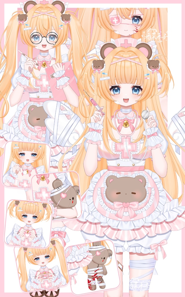 【Vts】【VTuber向け】【Live2D販売モデル】🐻可愛いヤンデレ系小熊ナース—ナナちゃん!💗 40個以上のボタン、 💗 VB付き、 💗 ワンクリック前傾、 💗 歩行アニメーション、 💗 小熊マイクアクセサリー&専用背景UI、 💗 プロフィール画像、 💗 スタンプセット、 💗 ワンクリックで即デビュー!!