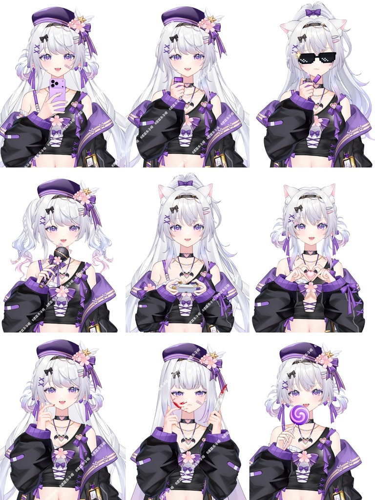 【Vts】【VTuber向け】【Live2D既製モデル】🌸超クールな地雷系猫娘🐱———七七(なな)!🌸40以上の切り替えボタン、 🌸髪型の組み合わせ豊富、 🌸7~8種類のアクション、 🌸VB対応、 🌸首飛びアリ、 🌸ワンクリック前傾、 🌸歩行アニメーション、 🌸ジャケット脱着可能! 🌸おまけで専用背景UI、 🌸スタンプ、アイコン付き、