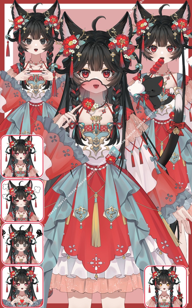 【Vts】【VTuber向け】【Live2D量贩モデル】💗古風子猫——芍薬!💗28+ボタン、💗VB搭載、💗ワンクリックでSD変形、💗飛び頭、💗前傾、💗専用UIグッズ付属