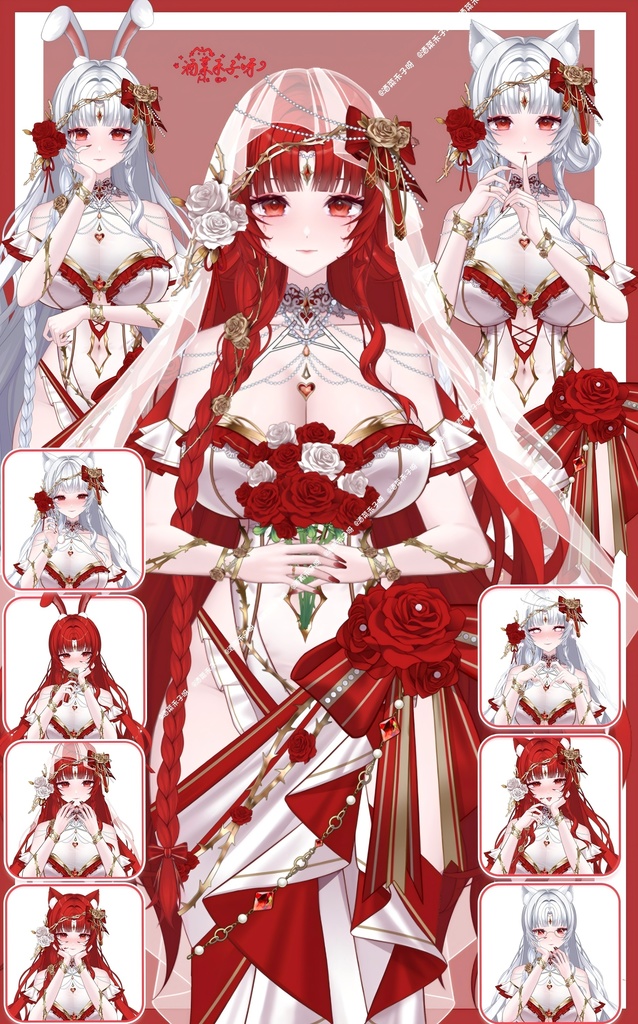 【Vts】【VTuber向け】【Live2D量販モデル】💗緋月の花嫁――焔紗(えんさ)!💗40+ボタン、 💗赤白の2色髪、 💗10+ハンドジェスチャー、 💗VB対応、 💗頭部分離、 💗ワンタッチ前傾、 💗背景UI・アイコン・スタンプのセット付属、 デビュー即OK