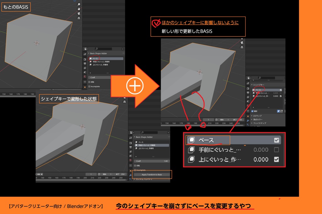 【Blender】今のシェイプキーを崩さずにベースを変更するやつ