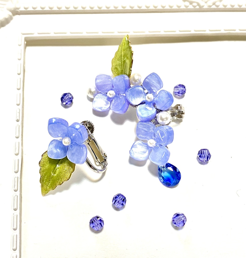 真珠の雨粒と紫陽花〜イヤーカフとイヤリング・ピアスセット