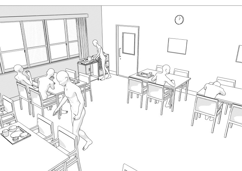 病院の患者食堂(入院病棟)3D背景 クリスタ用3D素材データcs3o