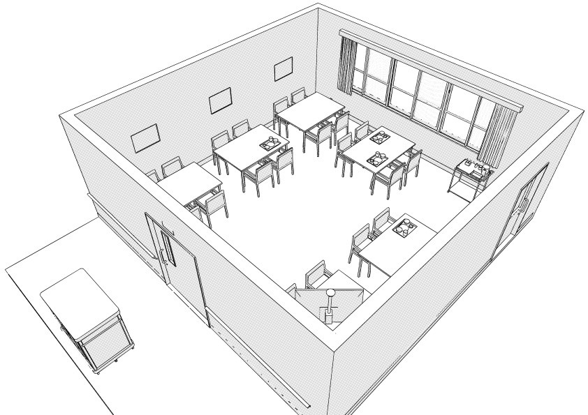 病院の患者食堂(入院病棟)3D背景 クリスタ用3D素材データcs3o