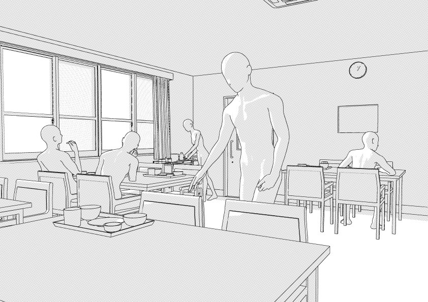 病院の患者食堂(入院病棟)3D背景 クリスタ用3D素材データcs3o