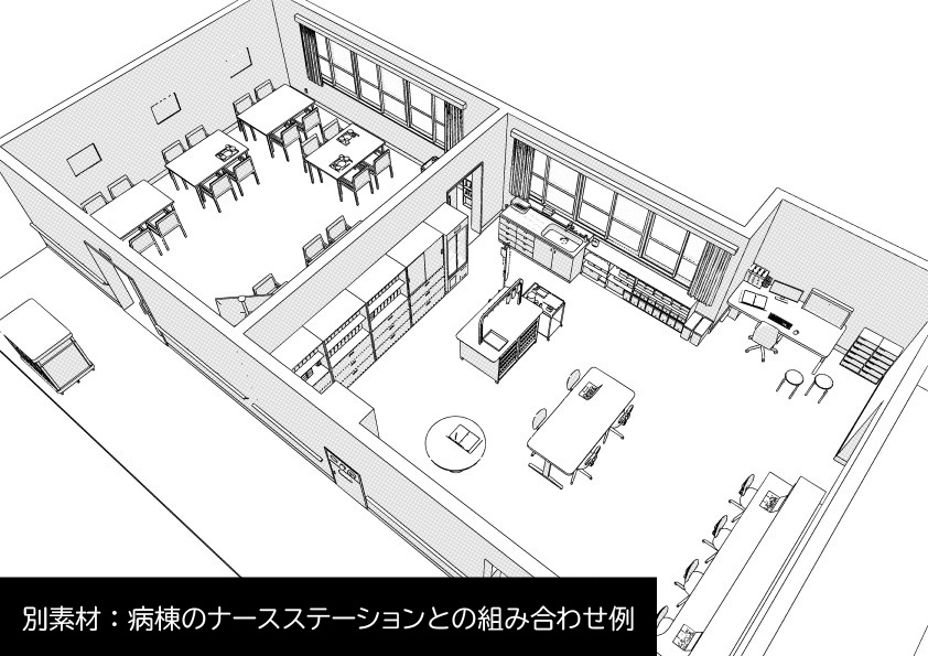 病院の患者食堂(入院病棟)3D背景 クリスタ用3D素材データcs3o