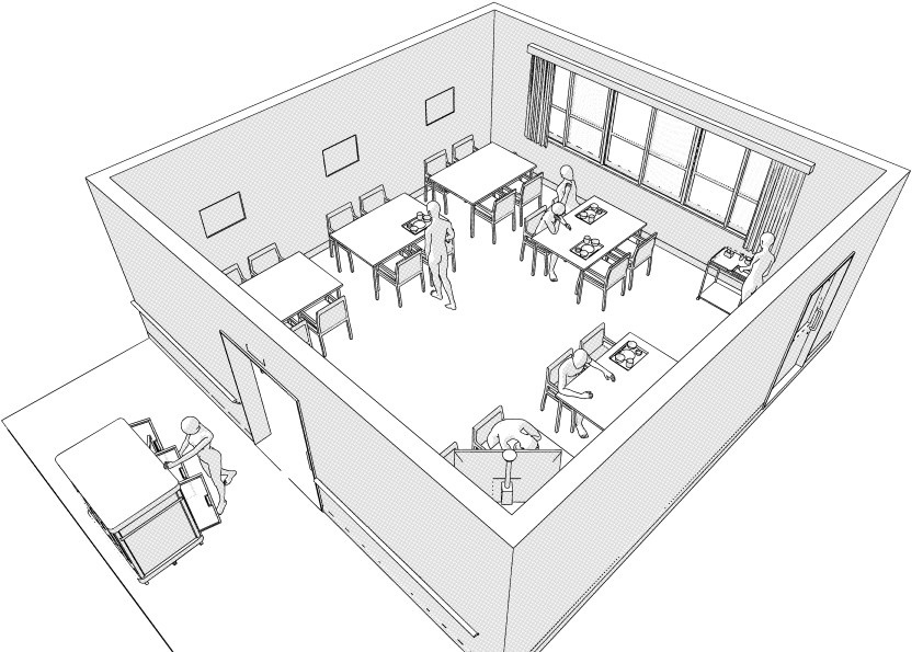 病院の患者食堂(入院病棟)3D背景 クリスタ用3D素材データcs3o