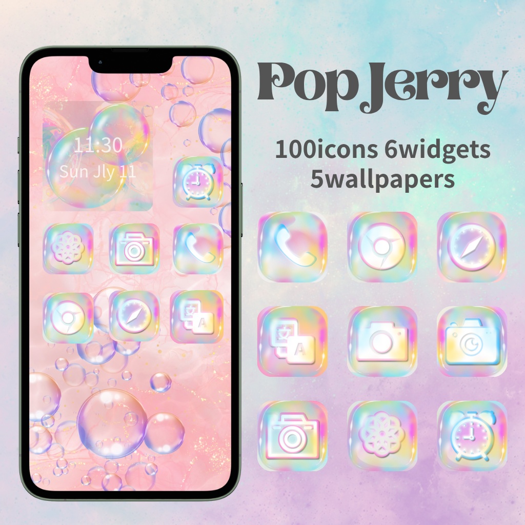【111点セット】スマホ着せ替え「Pop Jerry」アイコンパック｜ぷるぷるポップなパステルカラー