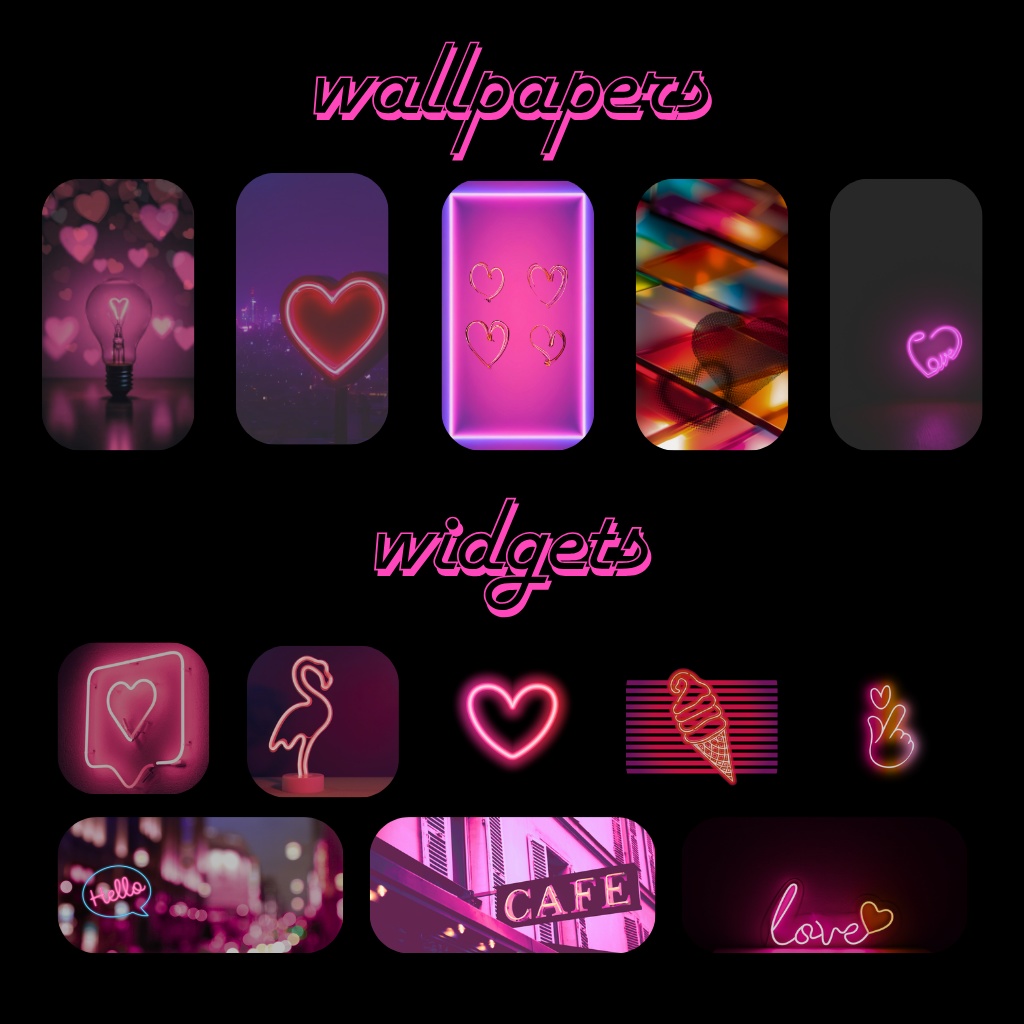 【スマホ着せ替え】アプリアイコンパック「Cyber Night」- ピンクネオン&ハート -