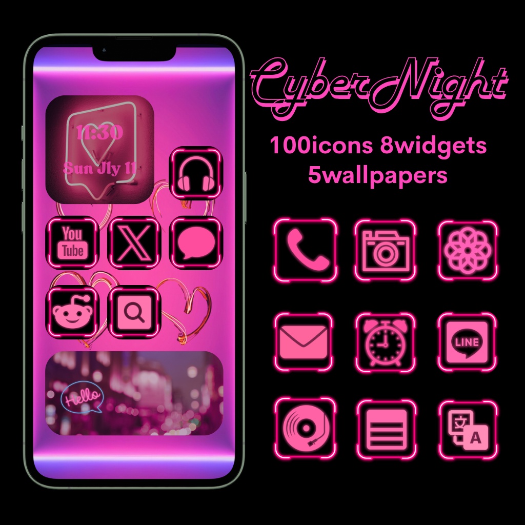 【スマホ着せ替え】アプリアイコンパック「Cyber Night」- ピンクネオン＆ハート -