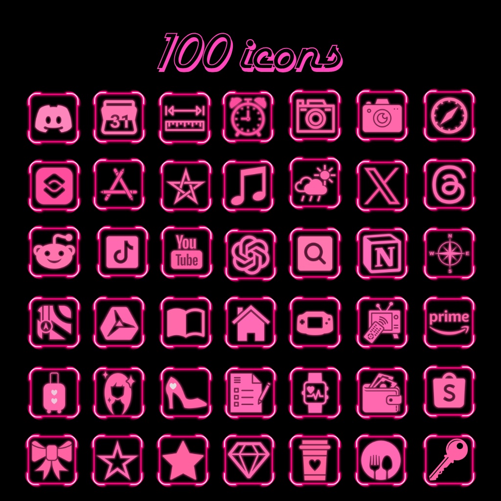 【スマホ着せ替え】アプリアイコンパック「Cyber Night」- ピンクネオン&ハート -