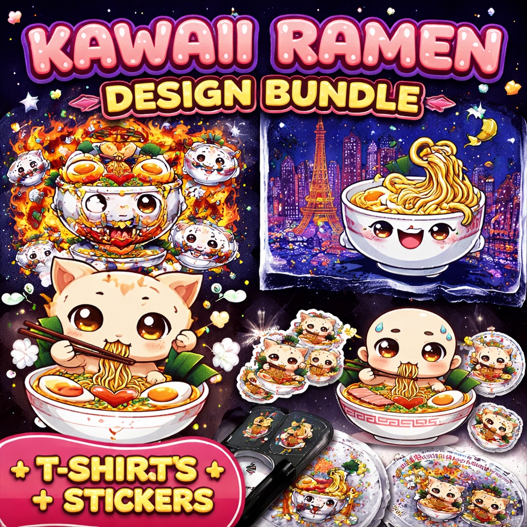 Kawaii Ramen Design Bundle – Cute Anime Food T-Shirt & Sticker Pack, Japanese Street Food Graphics Collection