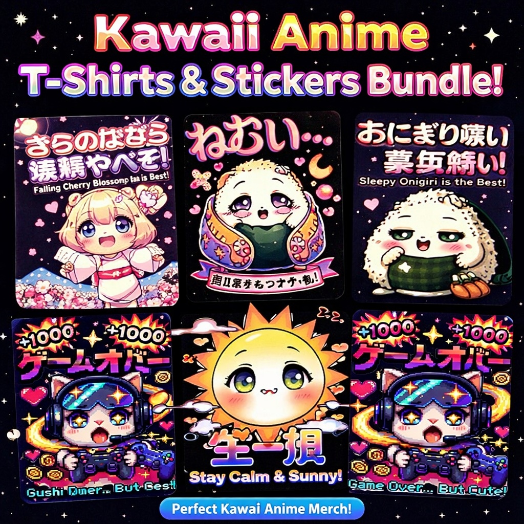 Kawaii Anime T-Shirt & Sticker Bundle – Cute Japanese Aesthetic Designs | Printable Merch Pack